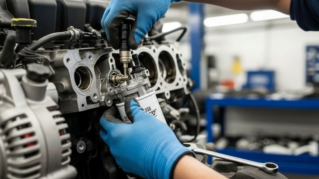 Mechanic installing new oil pressure sensor on Ford Coyote engine block near oil filter during diagnostic repair procedure