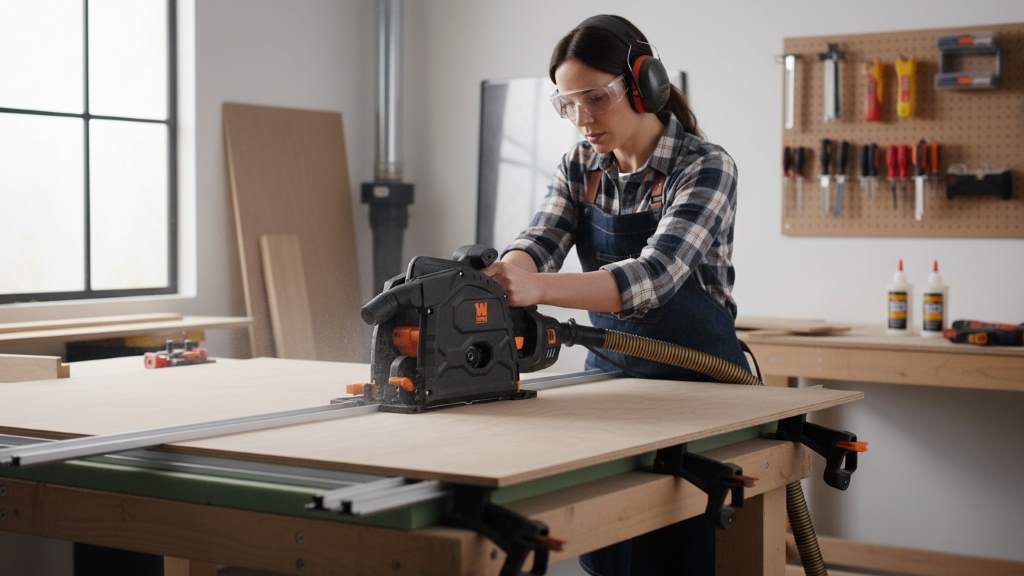 Woodworker using a variable speed track saw to make a precise straight cut on plywood with minimal tear-out
