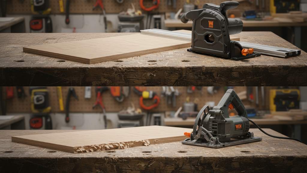 variable speed track saw versus splintered edge from fixed-speed saw