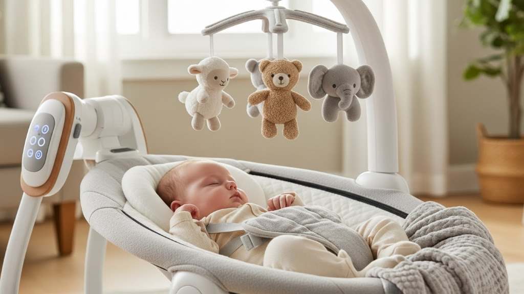 Cozy Ingenuity Soothe ‘n Delight baby swing with plush toys and soft fabric seat for infant comfort