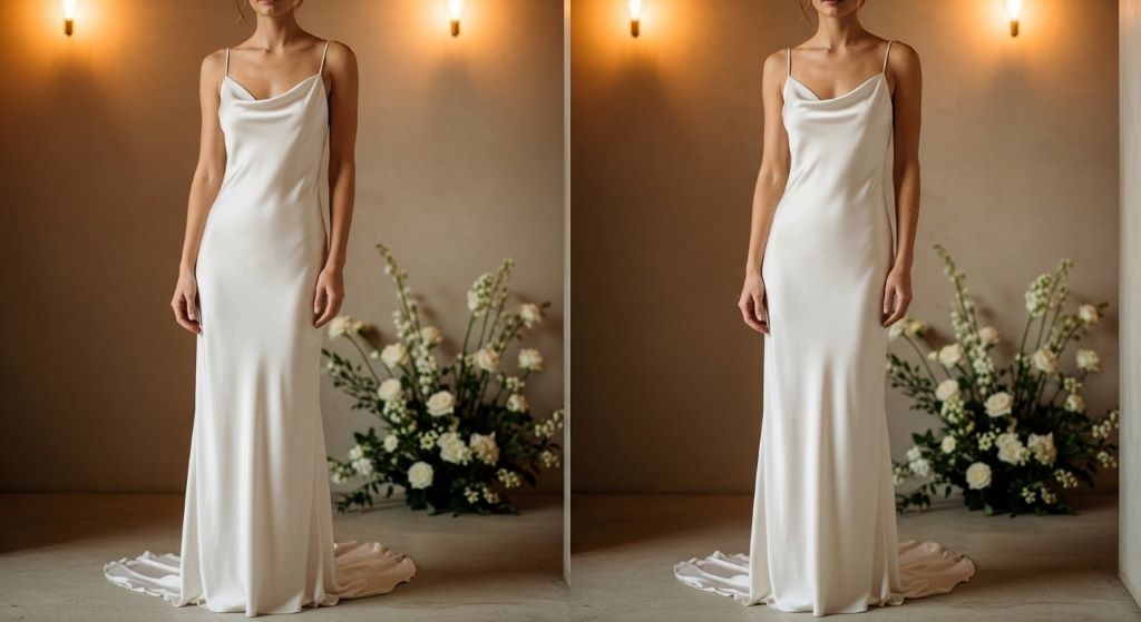Minimalist silk slip wedding dress with spagholine straps ideal for small indoor wedding celebration