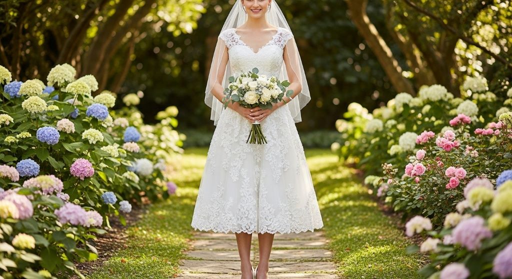 Elegant tea-length white wedding dress with delicate lace detailing perfect for intimate garden ceremony