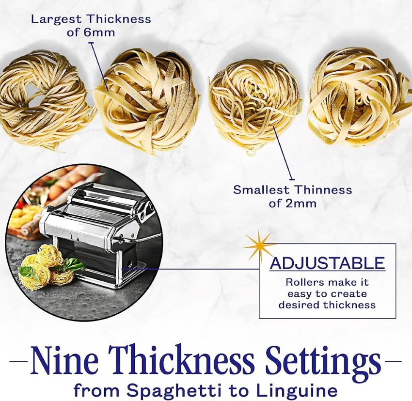 Nuvantee 2-in-1 pasta maker on a kitchen counter, demonstrating dual functionality.
