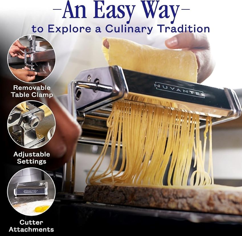 Fresh pasta being made using the Nuvantee 2-in-1 pasta maker at home.