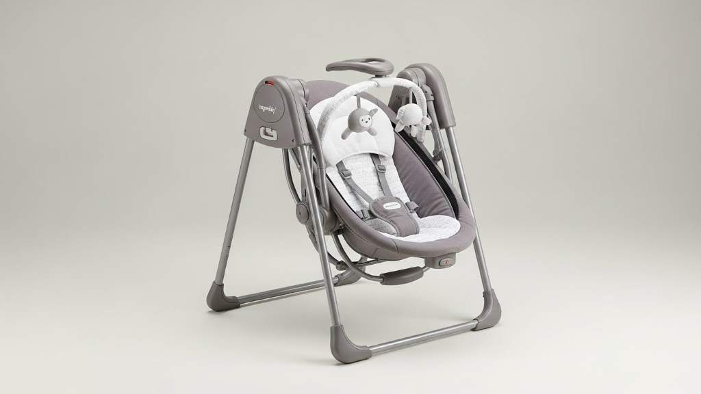 Portable folded Ingenuity Soothe ‘n Delight swing ready for travel with compact design