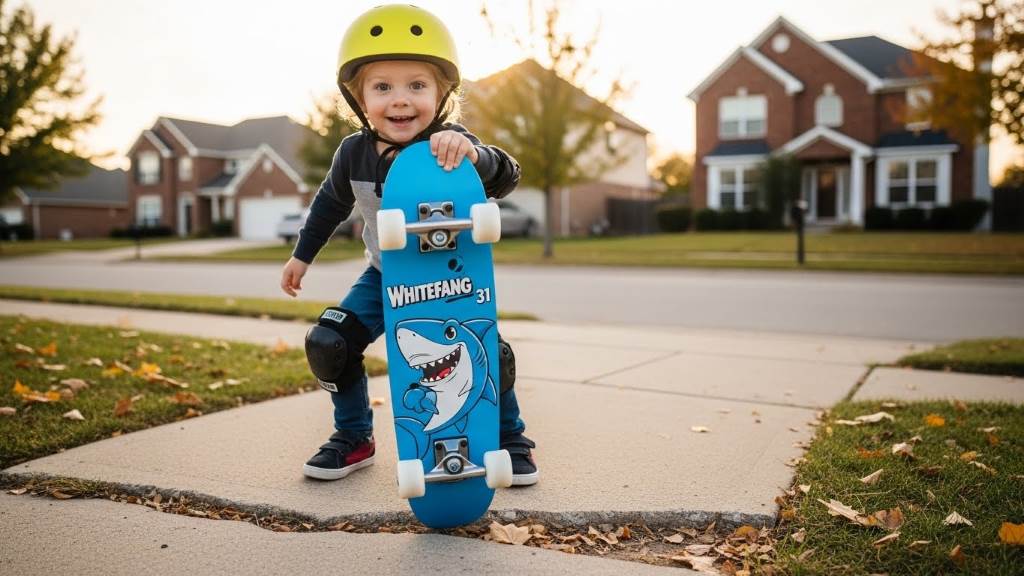 Young child smiling while cruising on WhiteFang 31 beginner skateboard for kids on neighborhood sidewalk