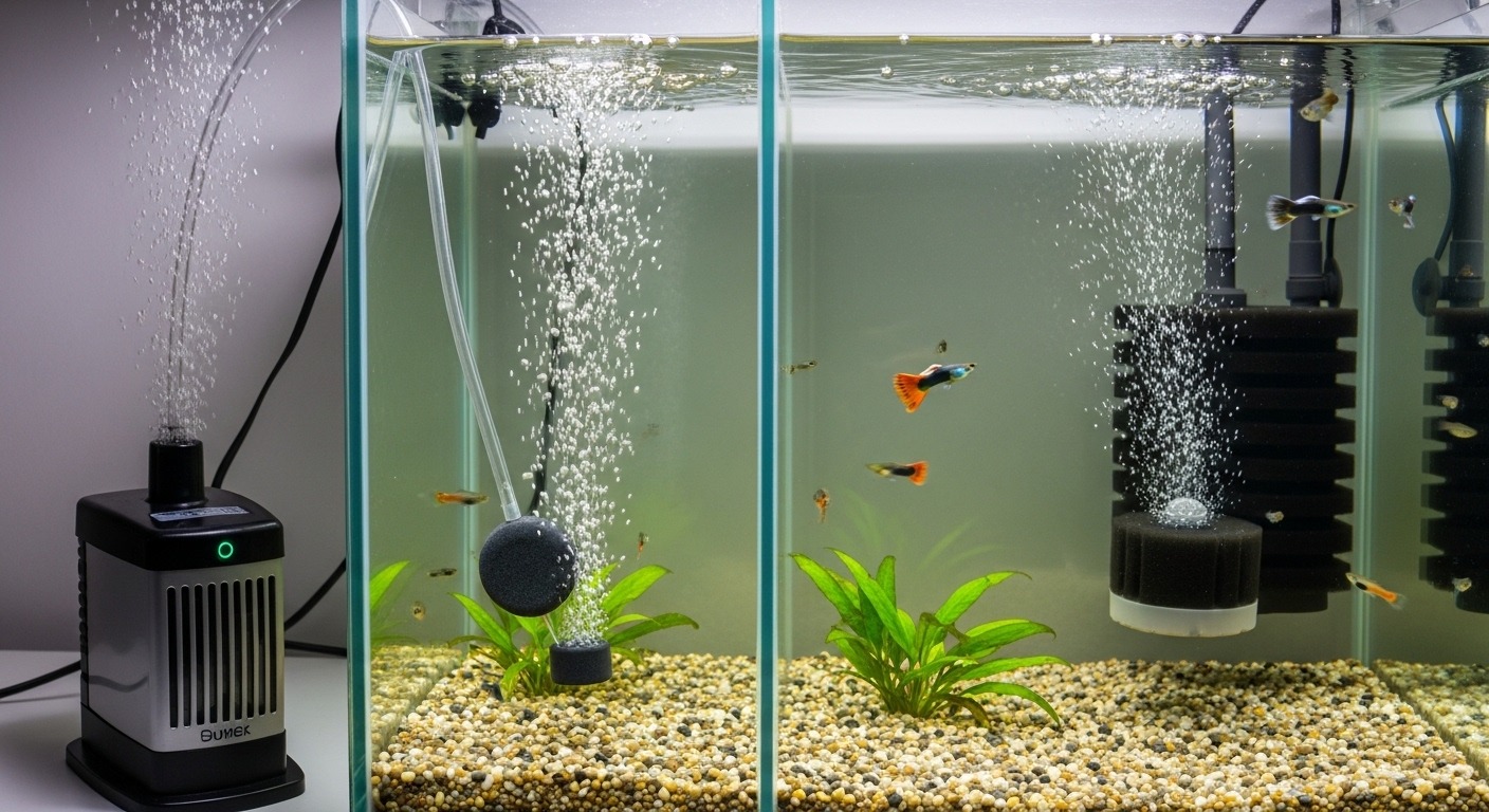 Sponge filter setup connected to air pump in freshwater aquarium