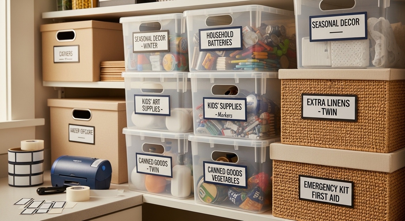 Clear plastic storage boxes with printed category labels