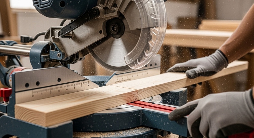 Miter saw cutting a 45 degree angle on wooden board