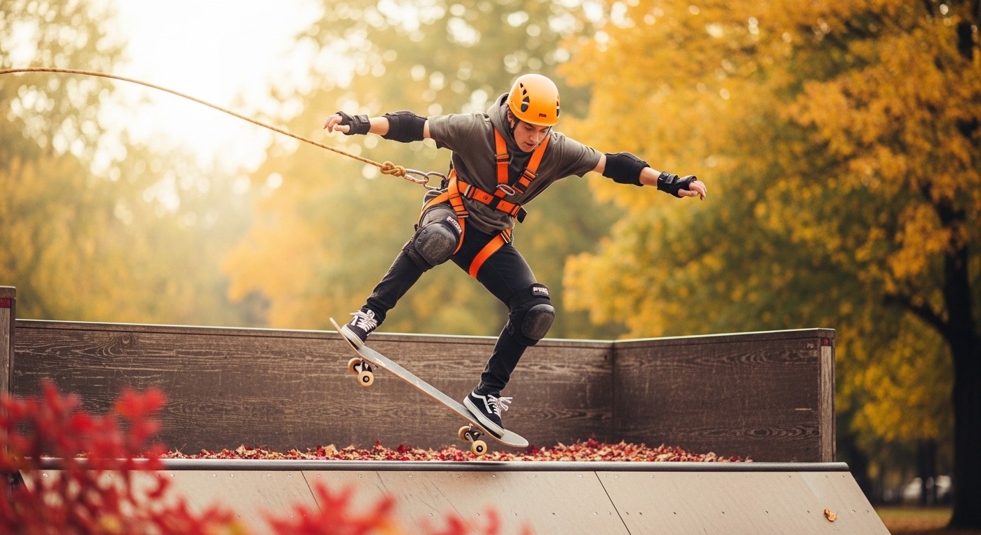 Skateboarder wearing helmet and pads during fall