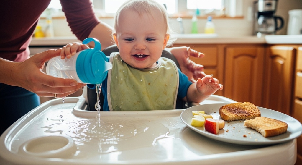 Toddler drinking from weighted straw system cup at kitchen table
