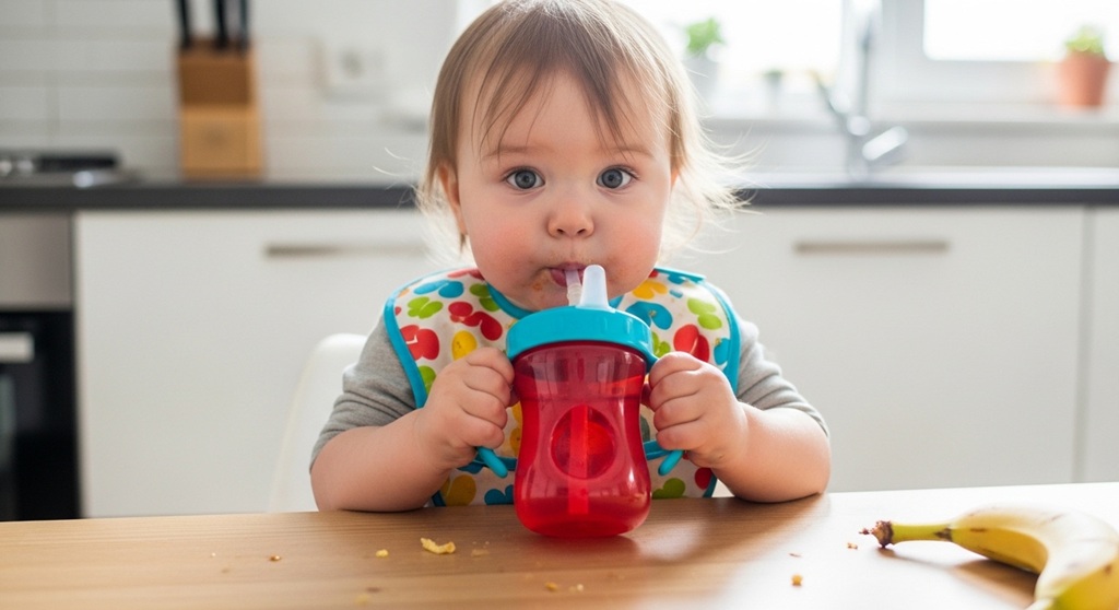 Parent teaching toddler to use spill-proof training cup