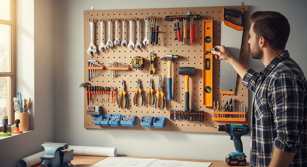 A man selecting tools from a pegboard wall display in a home workshop, showcasing a complete basic tools list for beginner DIY projects.