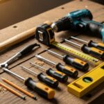 A well-organized DIY starter kit laid out on a wooden workbench, including a hammer, cordless drill, tape measure, screwdrivers, and a level.