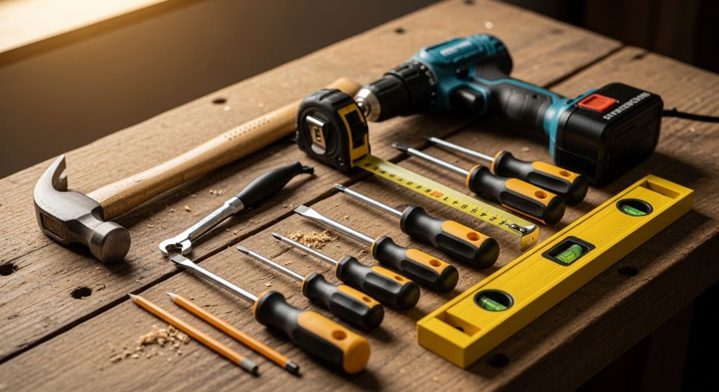 A well-organized DIY starter kit laid out on a wooden workbench, including a hammer, cordless drill, tape measure, screwdrivers, and a level.