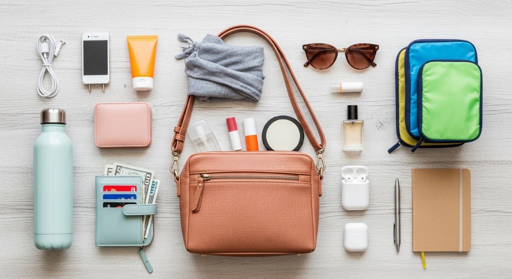 Flat lay of must-have travel gear for women including a crossbody bag, reusable water bottle, travel wallet, sunglasses, and packing cubes
