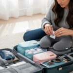 A woman packing a stylish carry-on bag with organized travel accessories including a passport holder, packing cubes, and a neck pillow