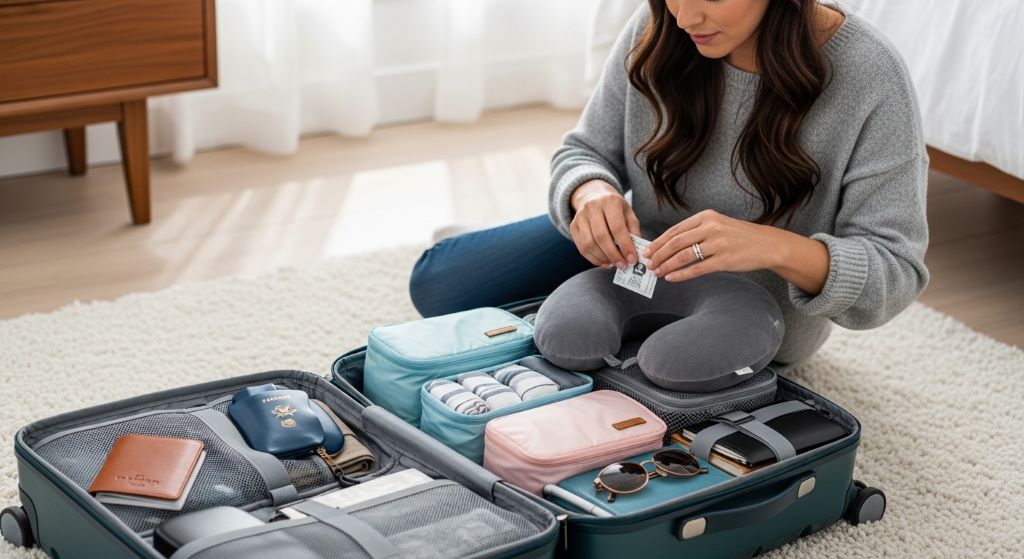 A woman packing a stylish carry-on bag with organized travel accessories including a passport holder, packing cubes, and a neck pillow