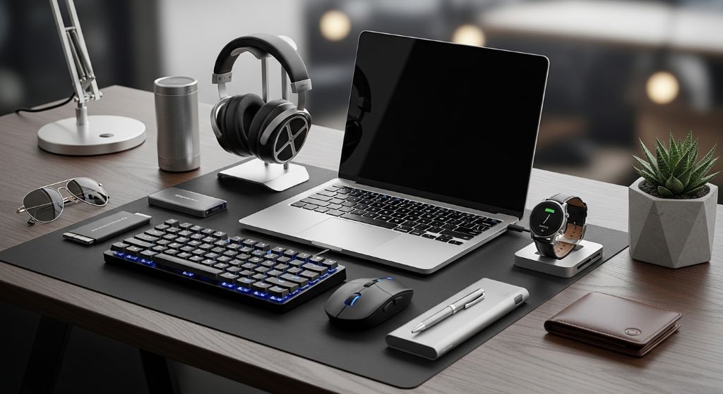 Collection of modern tech gadgets for men on a desk