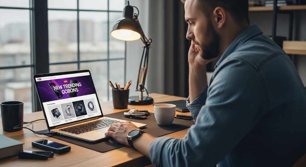 Man exploring new trending gadgets on a laptop