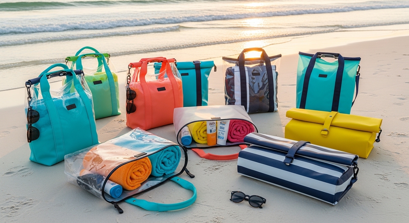 waterproof beach bag protecting phone and towel from ocean splashes