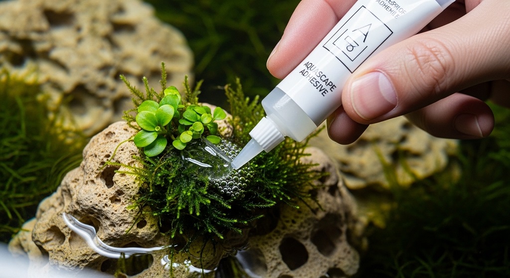 Applying aquarium glue to attach plants on driftwood aquascape