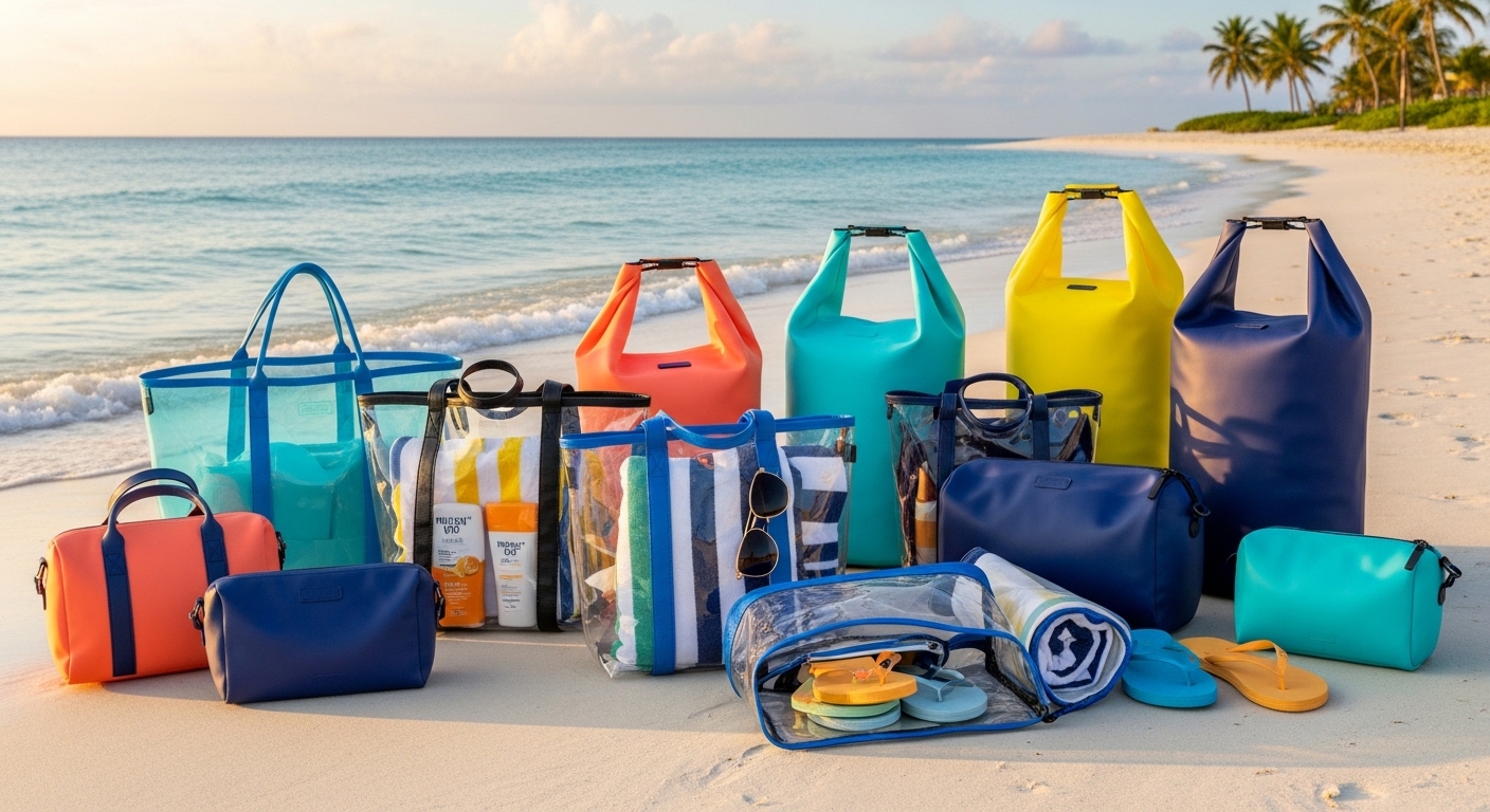 roll-top waterproof beach bag with sealed seams on sandy shore