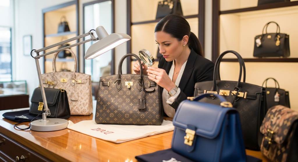 Atlanta boutique owner inspecting authentic luxury handbag during trade-in
