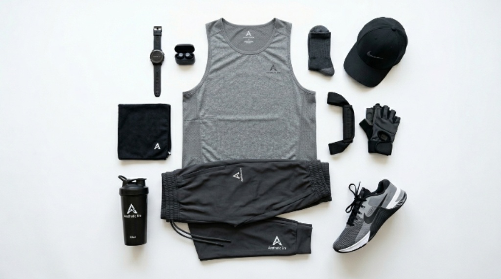Flat lay of men’s gym outfit including joggers, tank top, and training shoes on a clean white background