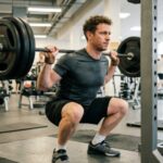 A man wearing a fitted moisture-wicking t-shirt and training shorts performing a squat at the gym