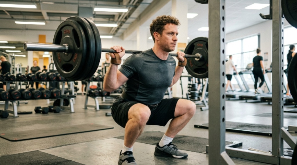 A man wearing a fitted moisture-wicking t-shirt and training shorts performing a squat at the gym