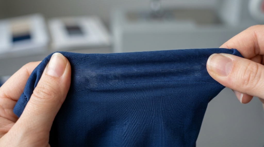 Close-up of stretch swimsuit fabric being pulled to show elastane recovery and texture detail