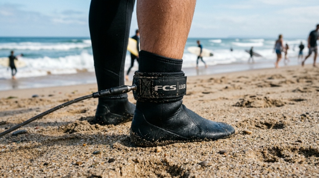 Close-up of a surf leash attached to a surfer's ankle on a sandy beach before a surf session