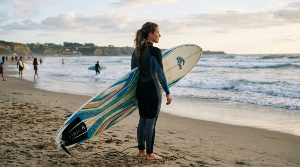 Surfer wearing a wetsuit and leash standing on the beach with a surfboard before entering the ocean