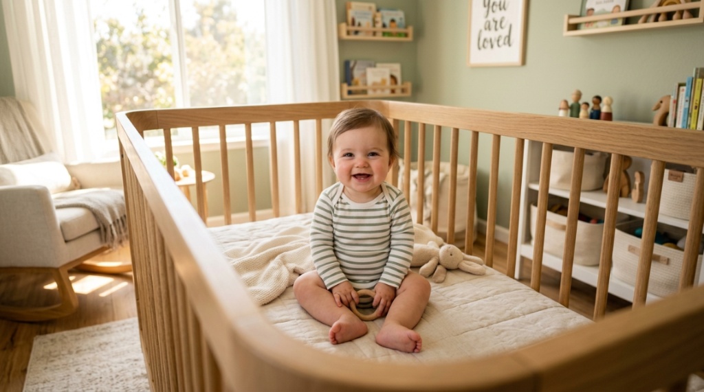 A happy infant sitting safely inside a sturdy wooden baby crib in a nursery.