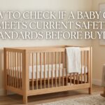 A modern wooden baby crib in a bright nursery with text overlay about safety standards.