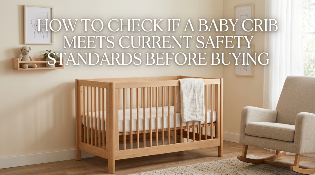 A modern wooden baby crib in a bright nursery with text overlay about safety standards.