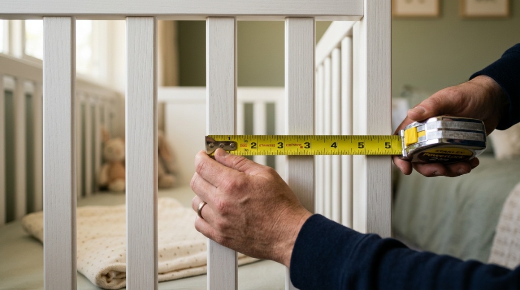 A parent measuring the distance between white baby crib slats with a tape measure.