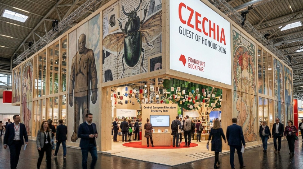 The Czechia Guest of Honour Pavilion at Frankfurt Book Fair 2026, decorated with Czech literary motifs and cultural installations, welcoming visitors to discover Central European literature