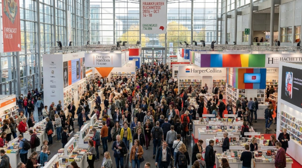 Thousands of visitors and publishing professionals exploring book displays and exhibitor stands inside the vast halls of Messe Frankfurt during the Frankfurt Book Fair 2026 in October