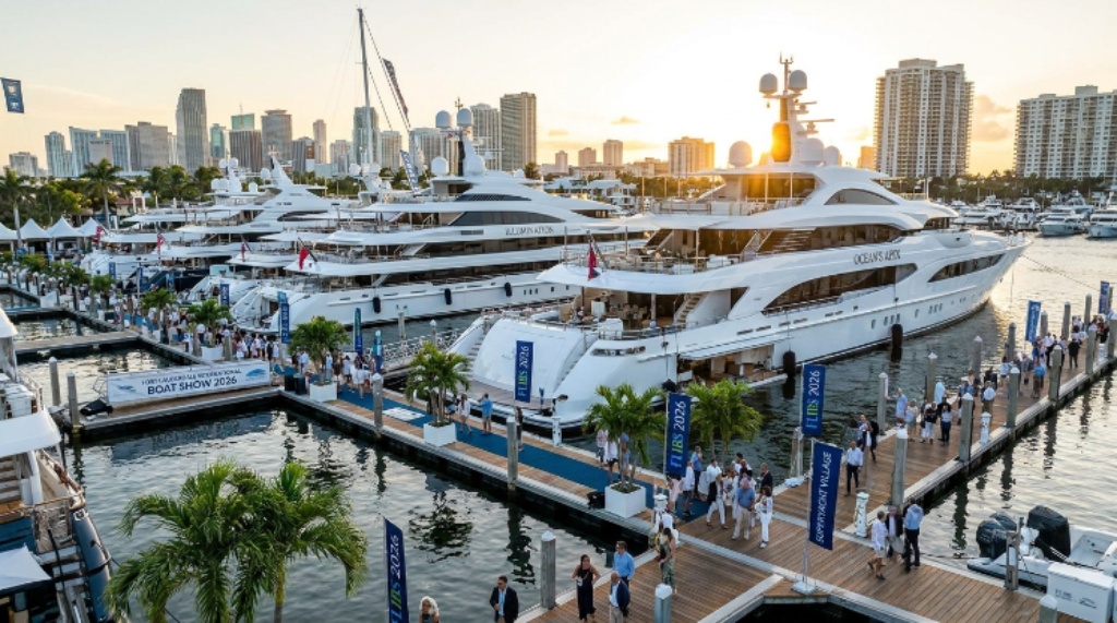 A row of luxury superyachts docked along the floating pontoons at Superyacht Village during the Fort Lauderdale International Boat Show 2026