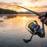 An angler casting a spinning fishing reel over a calm lake at sunrise.