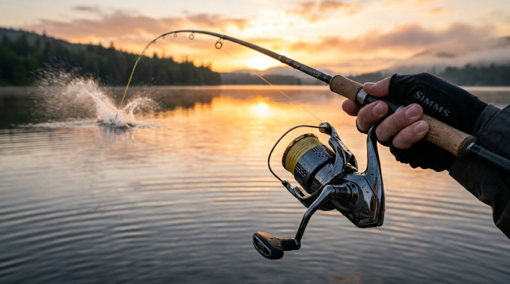 An angler casting a spinning fishing reel over a calm lake at sunrise.