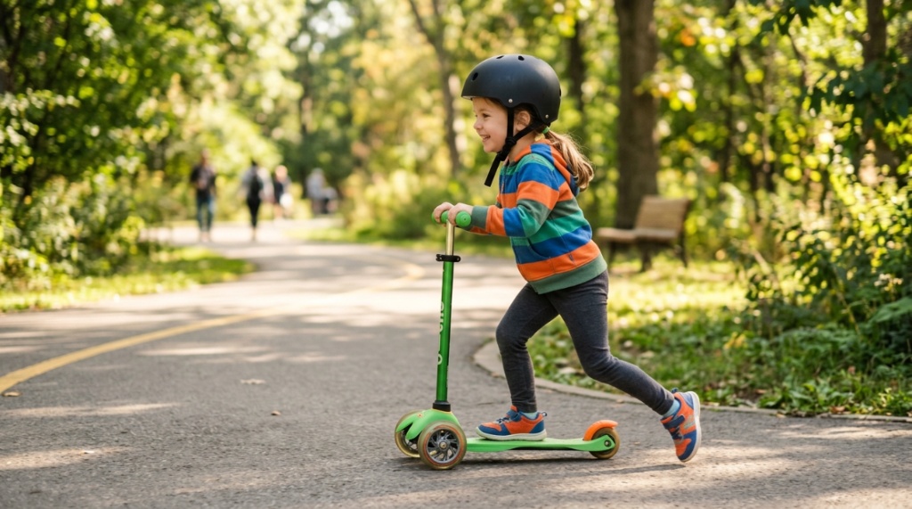 Young child riding a scooter on a park path wearing a protective multi-sport helmet.