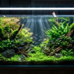 Vibrant freshwater aquarium tank illuminated by bright overhead LED lighting.