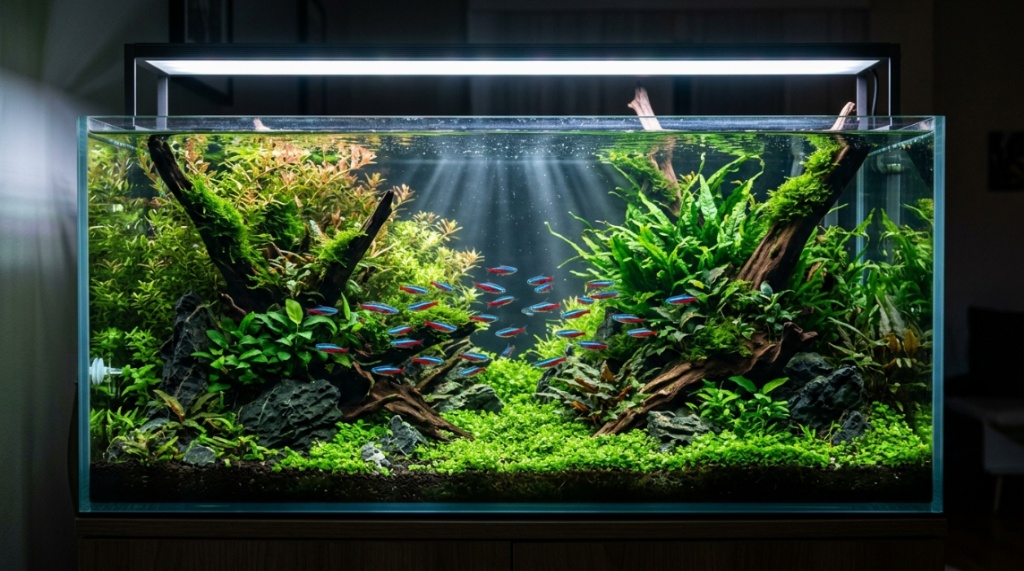 Vibrant freshwater aquarium tank illuminated by bright overhead LED lighting.