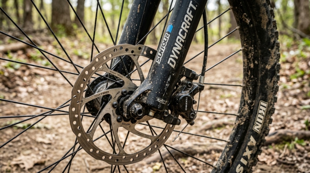 Close-up of the front suspension fork on a Dynacraft mountain bike. 
