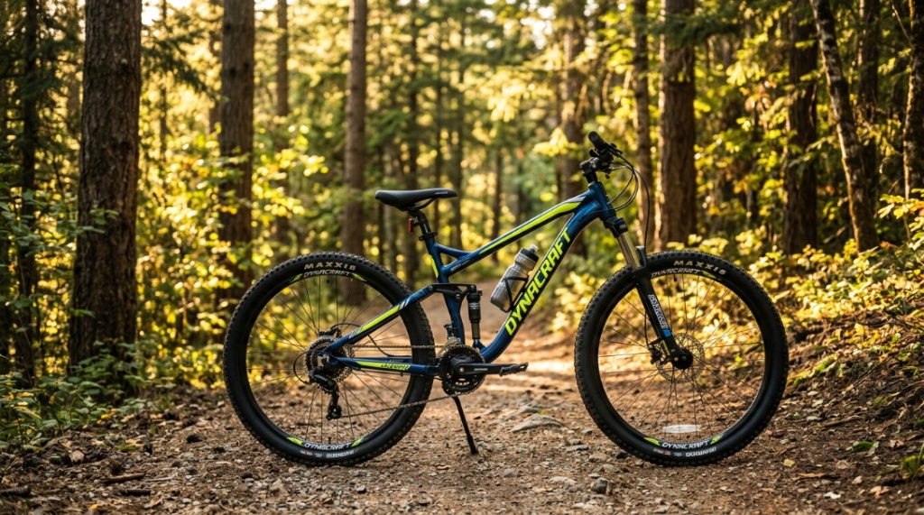 A sleek Dynacraft mountain bike parked on a sunny dirt trail.
