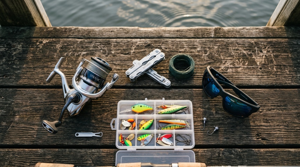 Open waterproof backpack filled with organized fishing tackle.