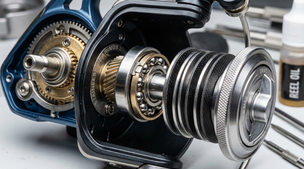 A macro view of stainless steel ball bearings inside a modern fishing reel.